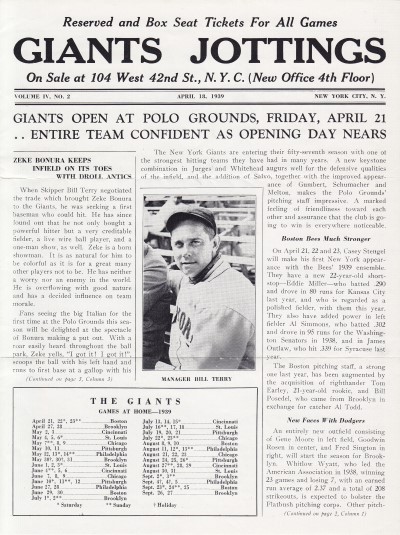 1939 Giants News Letter