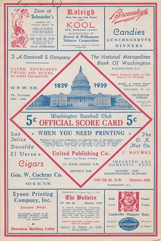 Washington Nationals vs Philadelphia Athletics Centennial Score Card