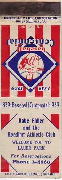 Baseball Centennial Matchbooks - Babe Fidler