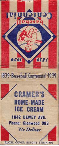 Baseball Centennial Matchbooks - Cramers Ice Cream