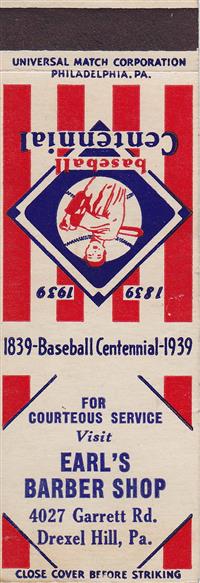 Baseball Centennial Matchbooks - Earls Barber Shop