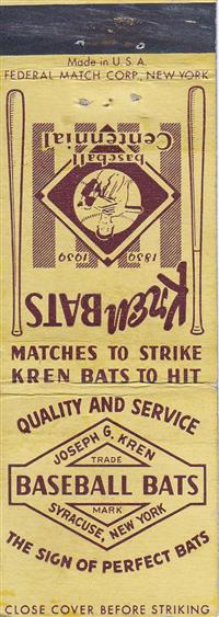 Baseball Centennial Matchbooks - Kren Bats