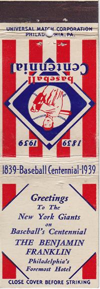 Baseball Centennial Matchbooks - The Benjamin Franklin New York Giants