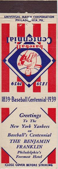 Baseball Centennial Matchbooks - The Benjamin Franklin New York Yankees